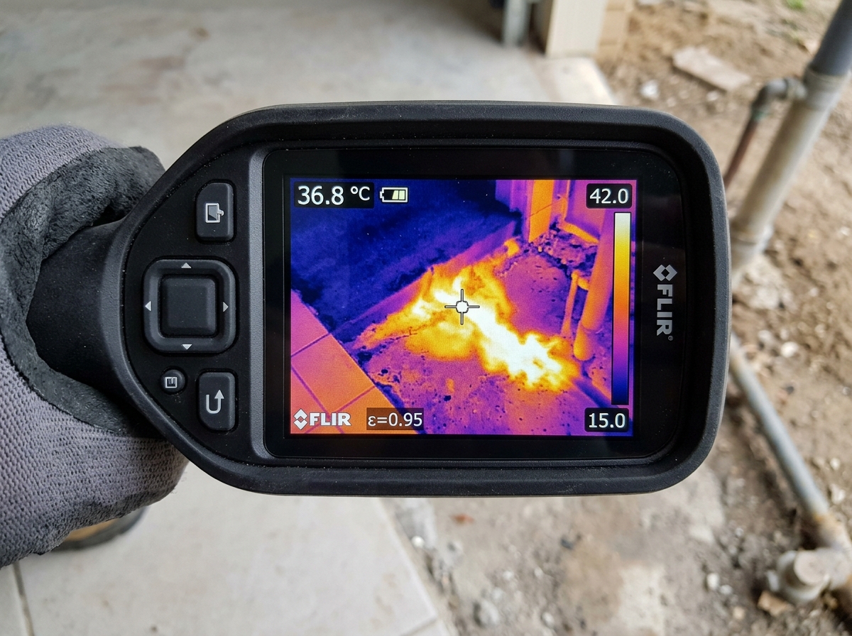 Thermal imaging inspection locating hot water slab leak beneath tile floor in Gilroy